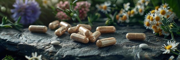 A collection of pills representing natural medicine arranged on top of a rock in an outdoor setting The pills are different shapes sizes and colors