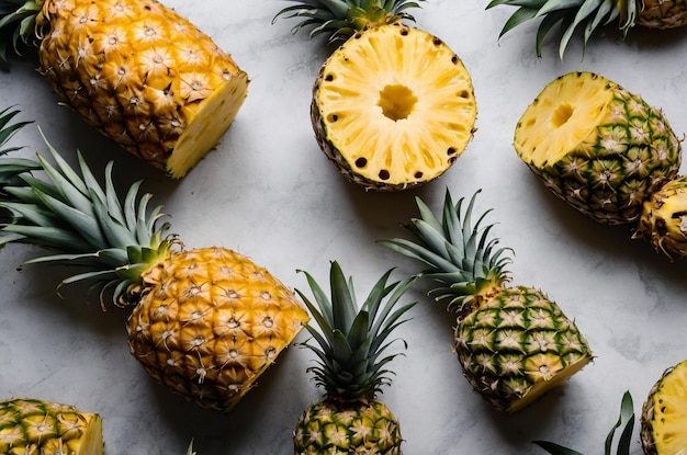 a collection of pineapples and pineapples are displayed on a marble surface