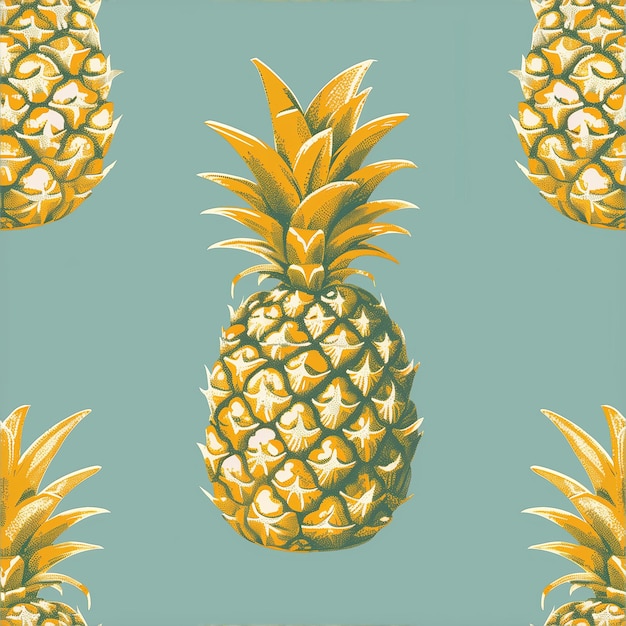 a collection of pineapples with a green background