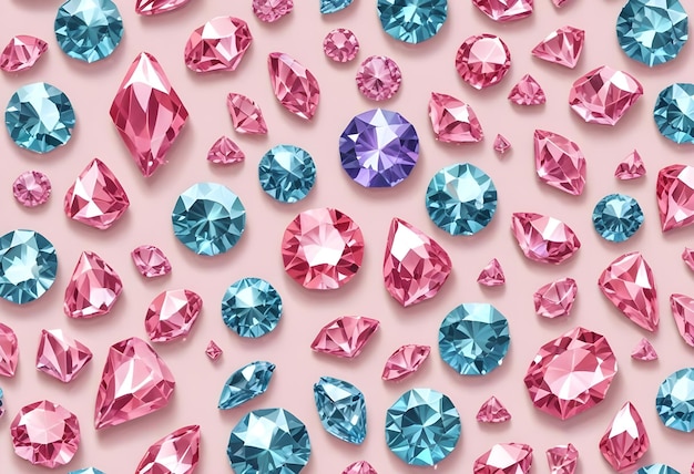 Collection of pink blue and purple diamonds on light pink background