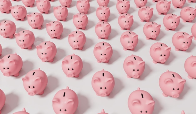 A collection of pink piggy bank money boxes Finance and saving concept 3D Rendering