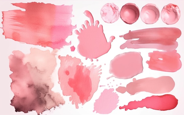 A collection of pink and red paints