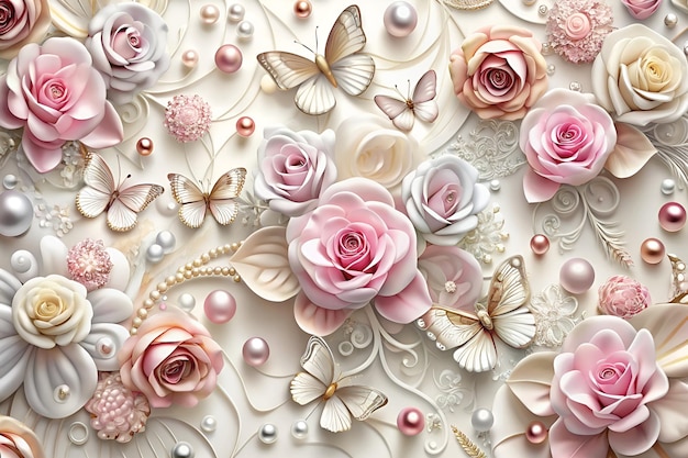 a collection of pink roses and butterflies