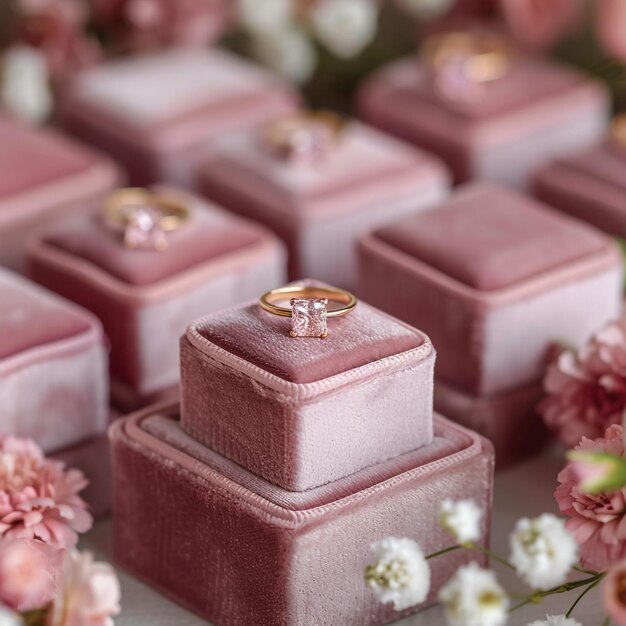 a collection of pink and white flowers and a gold ring with a pink stone in the middle