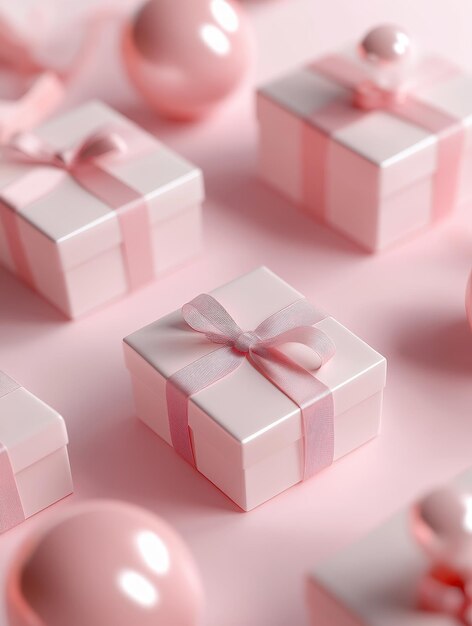 Photo a collection of pink and white gift boxes with a pink ribbon