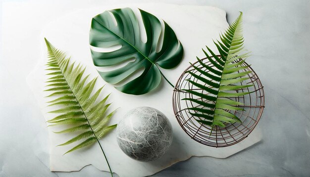 Photo a collection of plants and a basket with a palm leaf