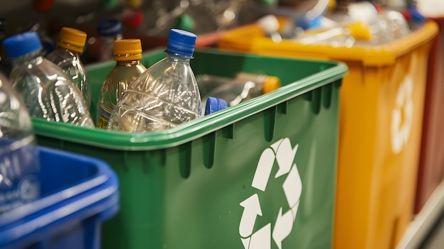 Photo a collection of plastic bottles including a clear plastic bottle a plastic and clear bottle and a blue cap are arranged in a trash can alongside a green bin