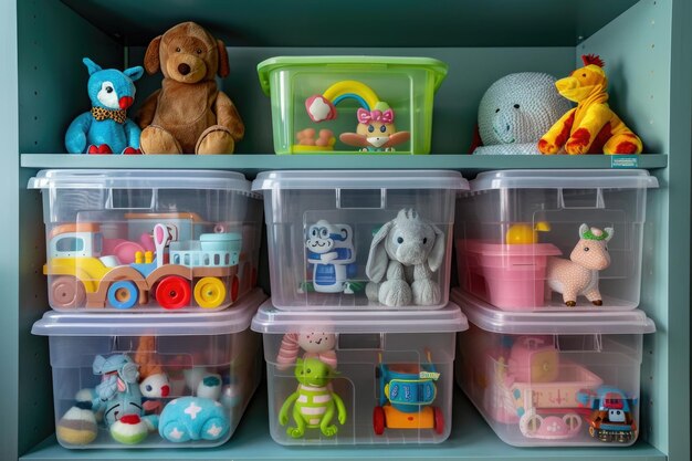 Photo a collection of plastic containers with one that says  toys