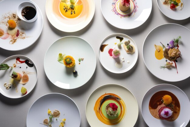 A collection of plates each showcasing a different culinary creation created with generative ai