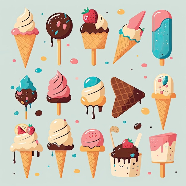 Photo collection of playful and bright icon illustrations showcasing various ice cream flavors and toppings