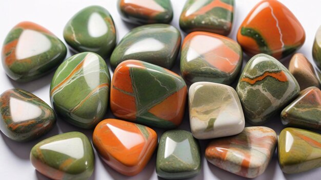 A collection of polished green orange and white stones with intricate patterns