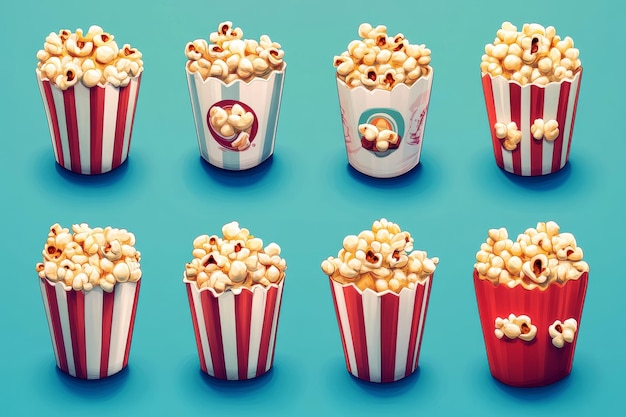 Photo a collection of popcorn in red and white striped buckets