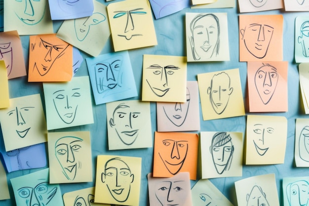 Photo a collection of postit notes featuring handdrawn minimalist faces using a pen