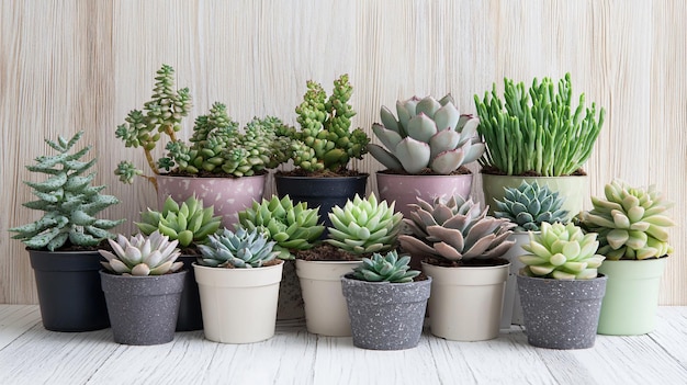 a collection of potted cactus are on a wooden table