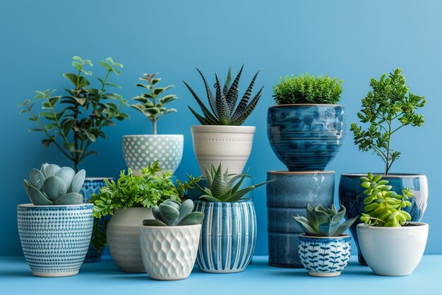 a collection of potted plants and pots are on a blue table