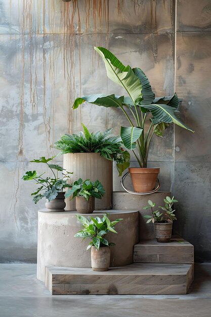 a collection of potted plants and pots are displayed in a studio