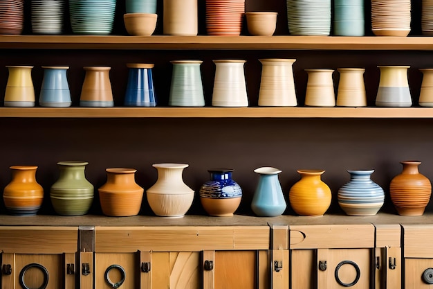 A collection of pottery on display in a store.