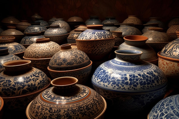 A collection of pottery is shown in a dark room.