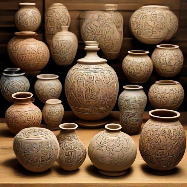 a collection of pottery vases with the word  x  on the bottom