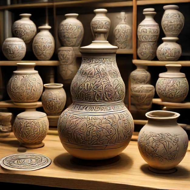 a collection of pottery with the word  essa  on the bottom