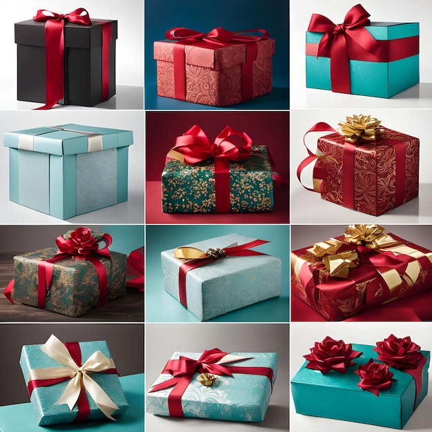 a collection of presents including one with a red bow