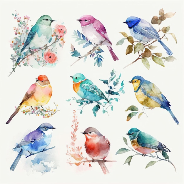 Collection of pretty delicate watercolor birds Each bird is a different type Generative AI