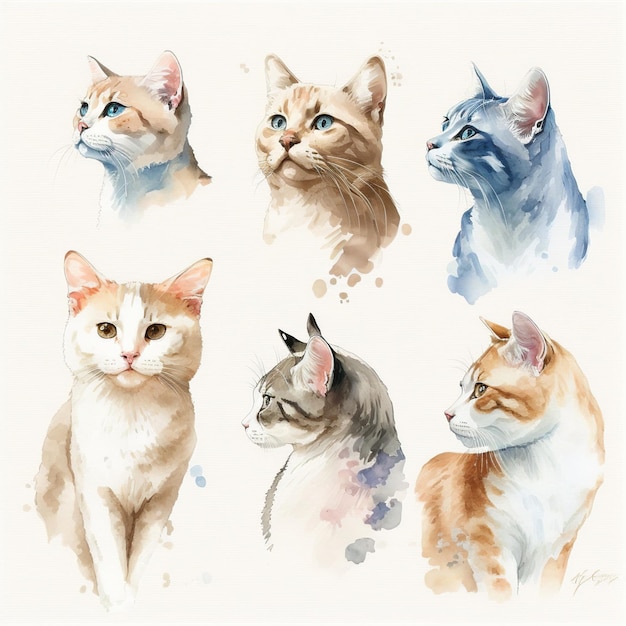 Collection of pretty delicate watercolor cats Each cat is a different type Generative AI