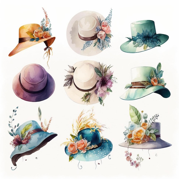 Collection of pretty delicate watercolor fancy hats Each hat is a different type Generative AI