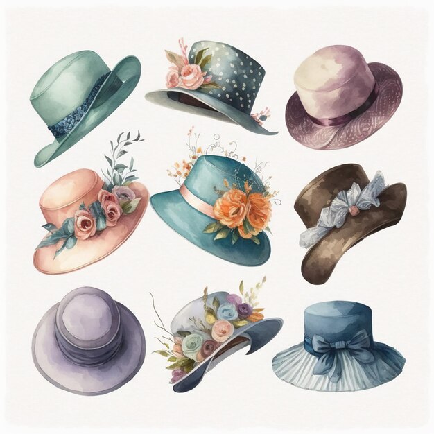 Collection of pretty delicate watercolor fancy hats Each hat is a different type Generative AI