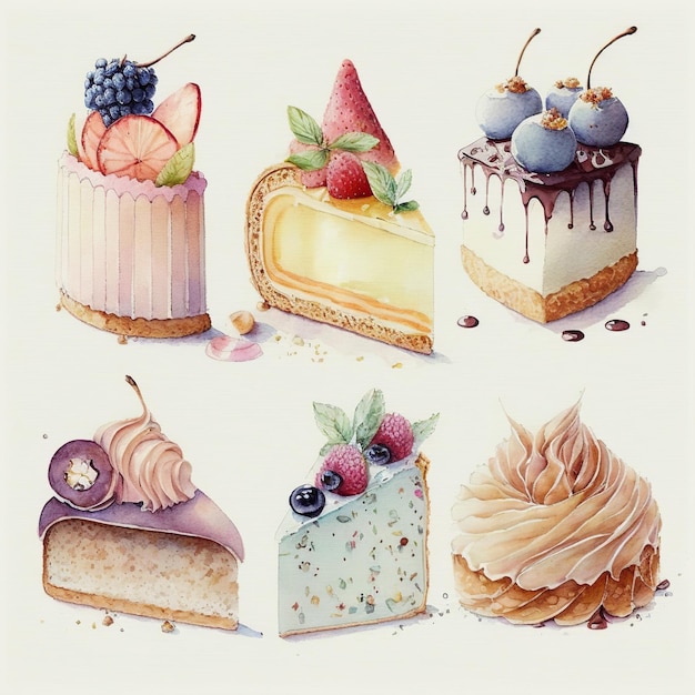 Collection of pretty delicate watercolor French pastries Each pastry is a different type Generative AI