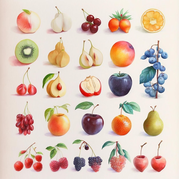 Collection of pretty delicate watercolor fruits Each fruit is a different type Generative AI