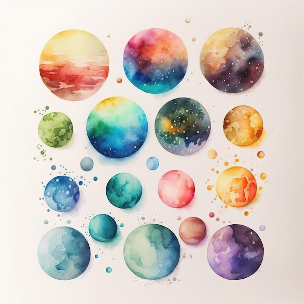 Collection of pretty delicate watercolor planets Each planet is a different type Generative AI