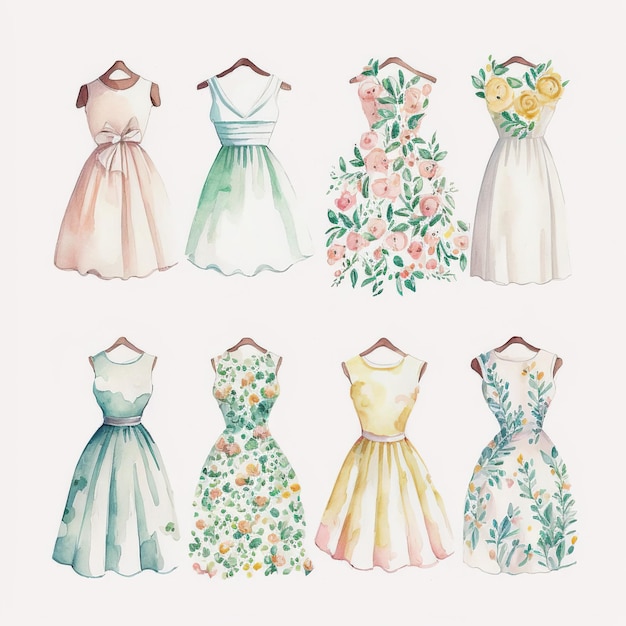 Collection of pretty delicate watercolor sundresses Each dress is a different type Generative AI