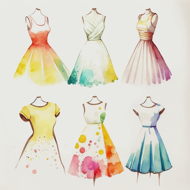 Collection of pretty delicate watercolor sundresses Each dress is a different type Generative AI