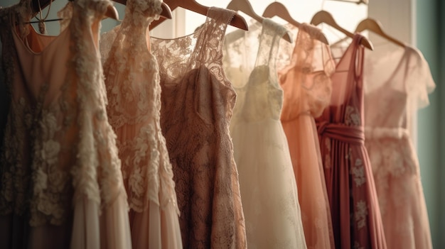 Collection of pretty dresses on a hanger AI generated