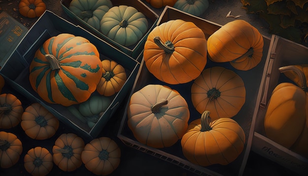 A collection of pumpkins are displayed in a box