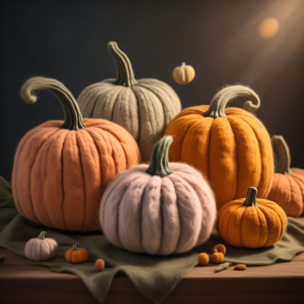 A collection of pumpkins are displayed on a table.