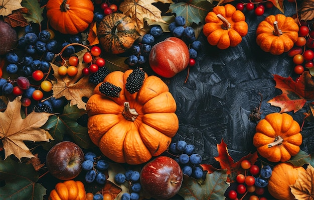 a collection of pumpkins blueberries and other fruit