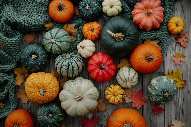 a collection of pumpkins including one that has a leaf on it