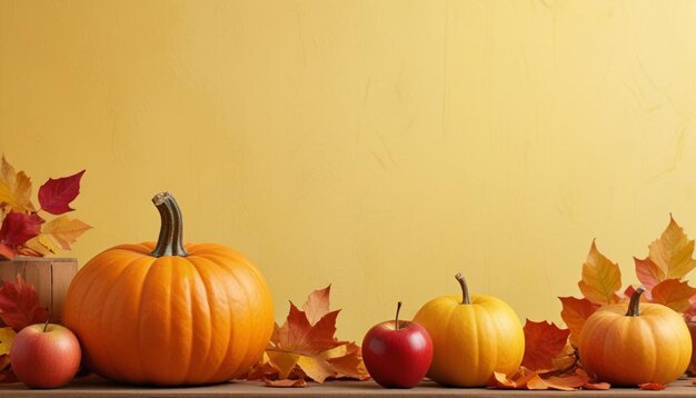 Photo a collection of pumpkins one of which has a red apple on it