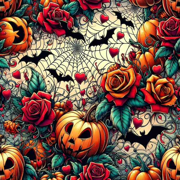 a collection of pumpkins and spiders are shown on a black background