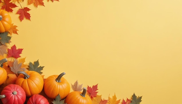 Photo a collection of pumpkins with autumn leaves on a yellow background