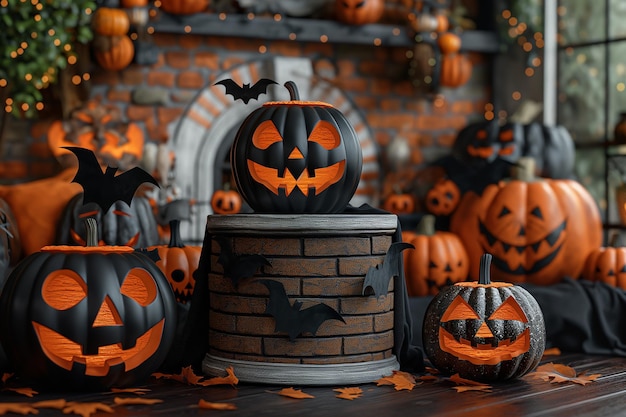 A collection of pumpkins with bats on them are displayed on a brick surface