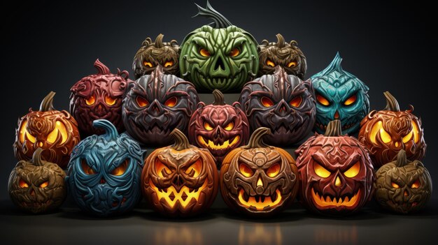 a collection of pumpkins with scary faces and glowing faces