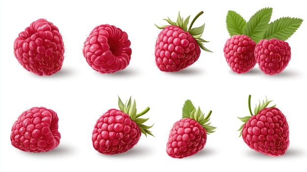 a collection of raspberries with leaves and leaves