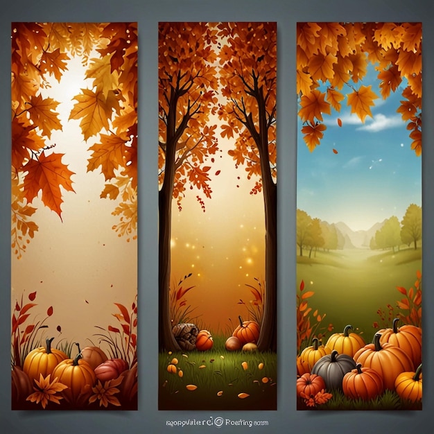 Photo a collection of realistic autumn banners featuring crisp detailed images of fallen leaves on the ground winding country roads and cool overcast skies the banners evoke the peaceful and