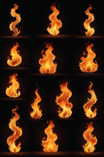 Photo a collection of realistic fire flames isolated on a dark background