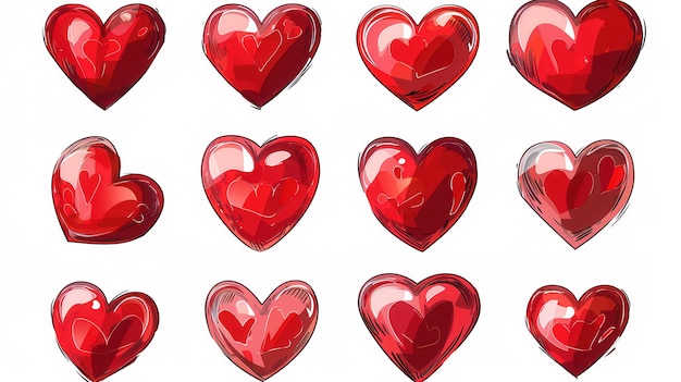 Photo a collection of red hearts in different poses and styles each with a unique design and shape generative ai