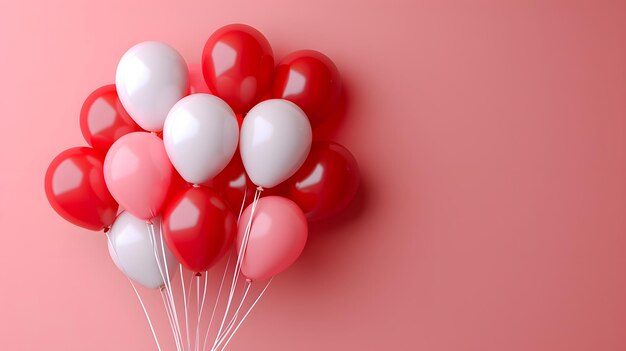 Photo a collection of red and white balloons secured together on a pastel pink background emphasizing the