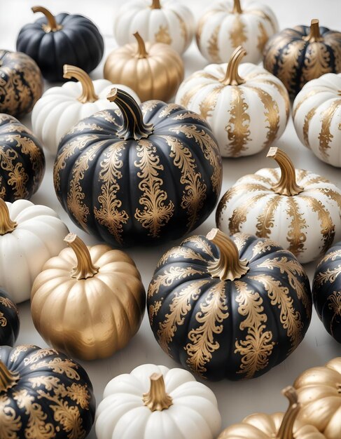 A collection of regal pumpkins decorated with golden ornaments fall background